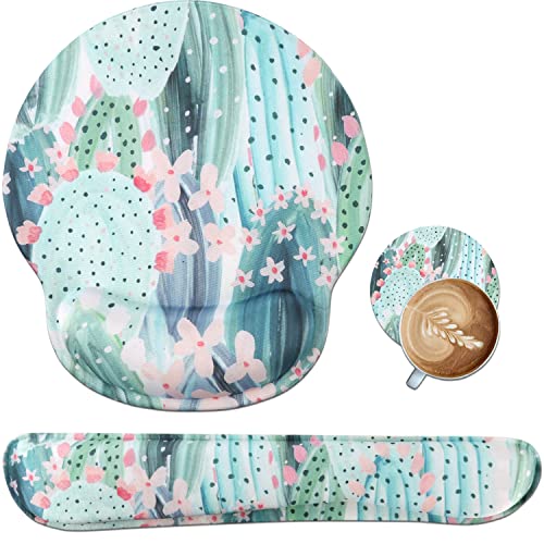iLeadon Mouse Pad with Wrist Support Keyboard Wrist Rest Set, Ergonomic Mouse Pad with Non-Slip Base for Computer Laptop Home Office + Coasters, Easy Typing & Pain Relief Mouse Mat, Painted Cactus