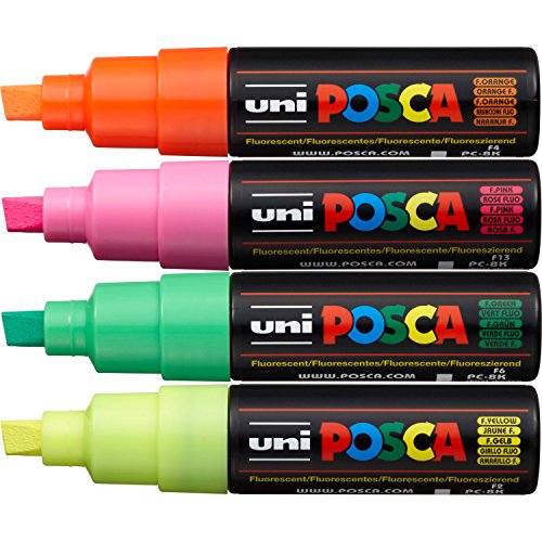 Posca - PC-8K Lot de 4 marqueurs fluorescents à pointe biseautée large