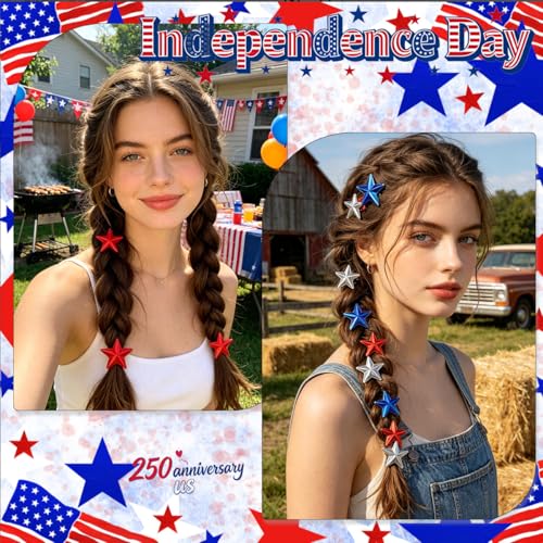 12 piezas pinzas de cabello mini estrella con diseño patriótico rojo, blanco y azul para mujer miniatura 4