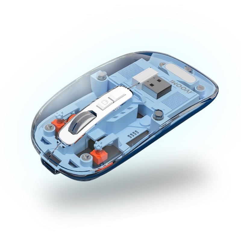 Image of iVOOMi Opaque Blue Rechargeable Wireless Mouse, Dual Mode (2.4GHz + BT), Dual Bluetooth, Silent Operation, Transparent Body, RGB, Battery Indicator, Compatible with Win /Mac /Linux /Android