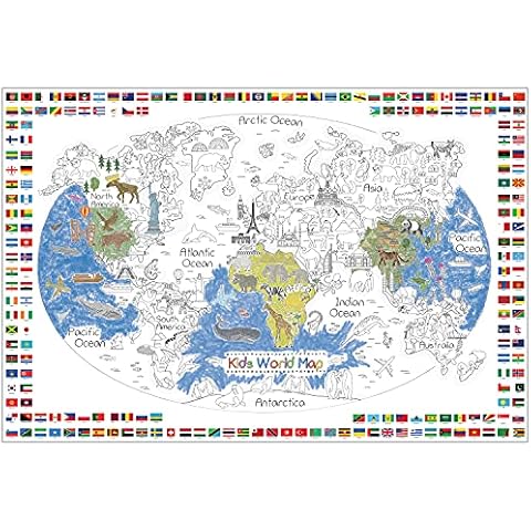 Dekali Designs Kids World Map Coloring Poster - 35 x 52 Inches Jumbo Coloring Poster With World Flags for Classroom, Home, Birthday Parties or Other Events Cover