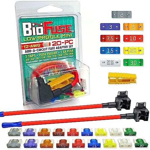 BioFuse 12 AWG Low Profile Mini ATT 20 Piece Automotive Car Fuse Assortment and Holders Set (2 Add-a-Circuit Fuse Tap Adapters, 18 LP-Mini Blade Fuses + Fuse Puller) 2A 3A 5A 7.5A 10A 15A 20A 25A 30A