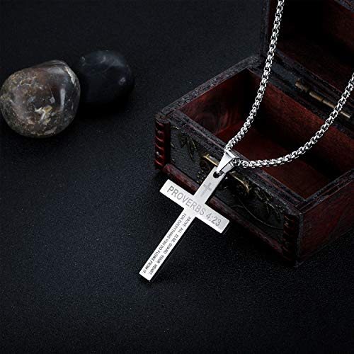 Rehoboth Stainless Steel Cross Pendant Necklaces Bible Verse Proverbs 4:23 Pendant for Men or Women Chain 24 Inch Black Gold Silver3