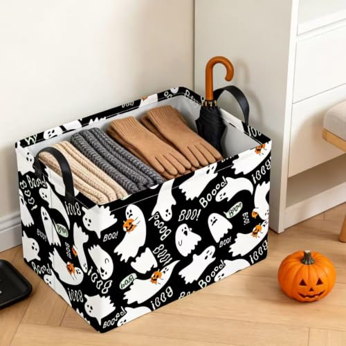 Image of NTAO Gift Storage Basket Empty for Halloween, Storage Bin with Handles, Room Decor, Book Box(Black Ghost Boo)