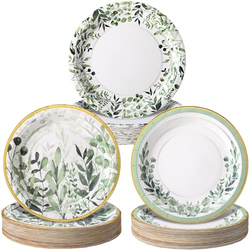 Yungyan 144 Pcs 9 Inch Sage Green Paper Plates with Gold Rim Tableware