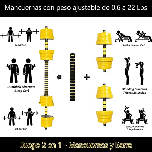 The-Finix-Sports-44LB-Adjustables-Dumbbells-Barbell-Weight-Pair-Free-Weights-3-in-1-home-gym-Set-set-2-max-22lbs-each-dumbells-and-a-barbell-Yellow