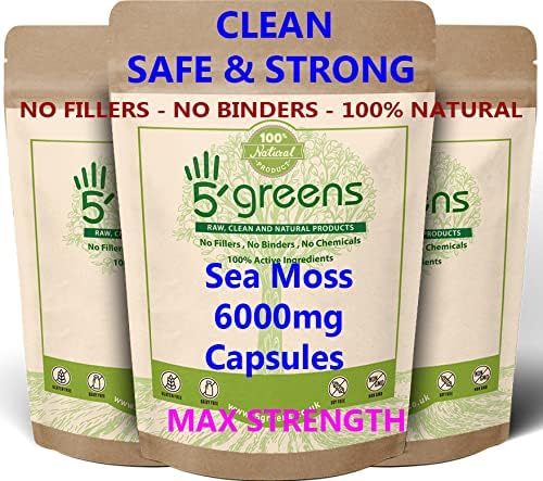 Sea Moss Capsules 6000mg Wild Harvested, 120 Veg Capsules, Full Spectrum Chondrus Crispus, 100% Clean, Vegan, No Binders, Fillers, or Chemicals, UK Made by 5greens