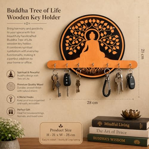 Image of Buddha Wooden Key Holder for Wall | Decorative MDF Key Stand with 7 Hooks | Spiritual Home Decor & Key Organizer for Entryway, Living Room, Office | Handmade Wall Mounted Key Hanger