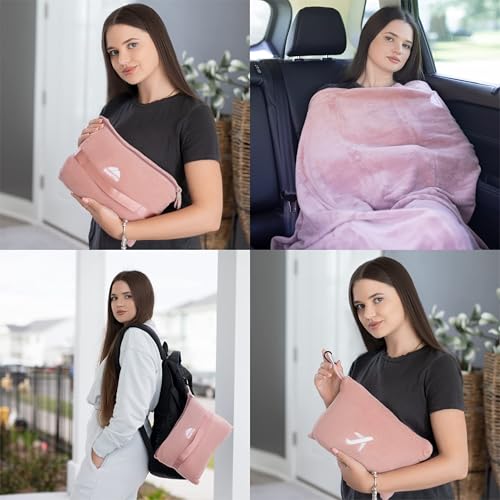 Image of BlueHills Travel Blanket Pillow in Mini Soft Case Premium Plush Airplane Blanket in Soft Bag Compact Pack with Luggage Belt and Backpack Clip - Dusty Rose Pink M02