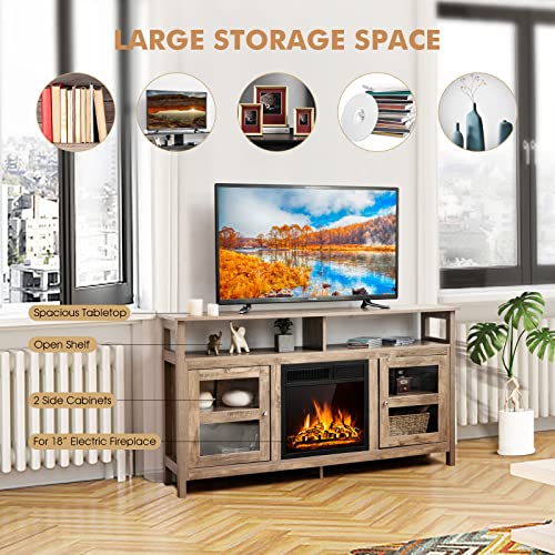 Tangkula Fireplace Tv Stand, Farmhouse Media Console Table W/18 1500W Electric Fireplace For Flat Screen Tvs Up To 65", Modern Fireplace Space Heater W/Adjustable Brightness & Remote Control (Grey) #TOP7