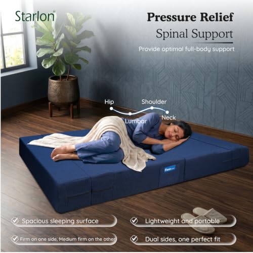 Image of Starlon 2 Seater Foldable Sofa Cum Bed 3-in-1 with 2 Waves Pattern Pillows, Washable Jute Fabric Cover, Space Saving Guest Bed, Pre-Assembled Royal Navy Blue 4x6 Ft
