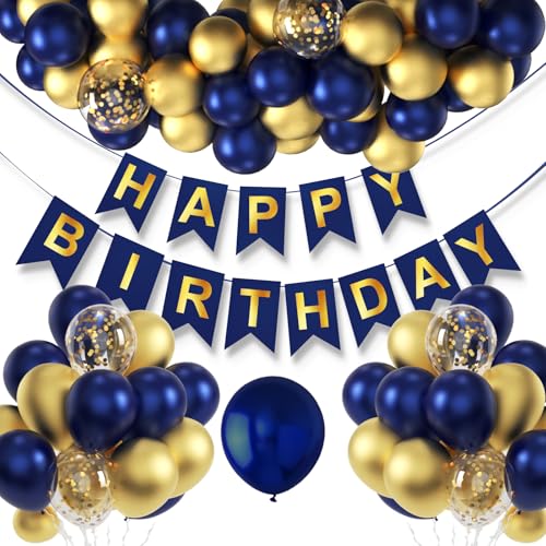 Image of Navy Blue Birthday Party Decorations for Men Decor 100pcs Gold and Navy Blue Balloons Garland Arch Kit Pre-Strung Happy Birthday Banner Girls 16th 18th 30th 40th 50th 60th 70th 80th 90th for Boys