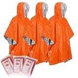 3er Pack Notfall Poncho Orange – Wasserdicht & Winddicht Rettungsdecke mit Kapuze, Ultraleicht Biwaksack für Erste Hilfe, Notfall Ausrüstung & Survival Kit für Wandern, Camping, Outdoor