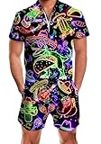 RAISEVERN Mens Romper Male Neon One Piece Overalls Funny Taco Dinosaur Rave Novelty Zipper Jumper Bro Shorts Disco Music Jumpsuit L