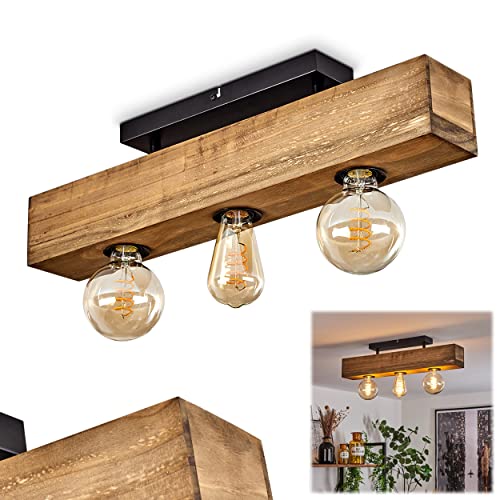 Lampada da soffitto Berat, lampada da soffitto allungata in metallo/legno in nero/marrone scuro, lampada moderna con trave in legno, 3 luci, 3 x E27, senza lampadina/e