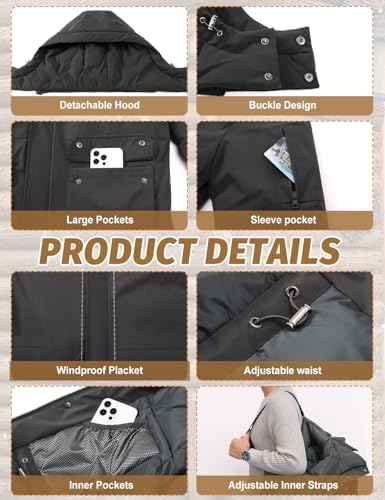 Voqeen Winterjas voor heren, lang, warm, met afneembare capuchon