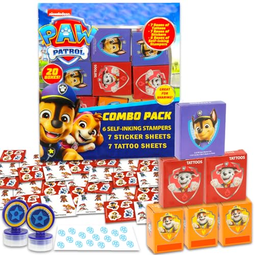 Paquete de recuerdos de fiesta de Paw Patrol para 20 invitados ~ 20 cajas de recuerdos de la Patrulla Canina con calcomanías, tatuajes y sellos para fiesta de cumpleaños infantil | Paquete combinado