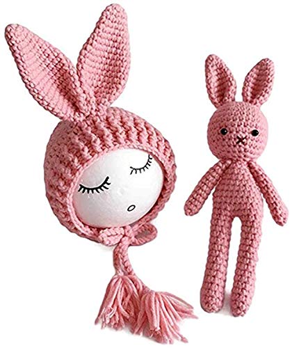 Newborn Photography Prop Photo Crochet Boys Girls Knit Toy with Rabbit Hat (Pink)
