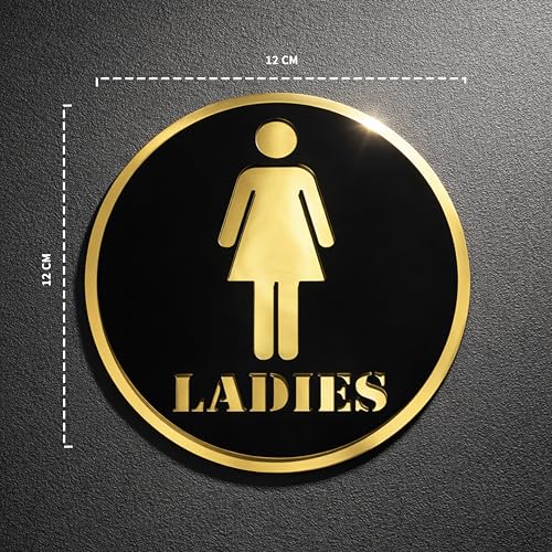 Image of Ladies Round Acrylic Signage Sticker - Self-Adhesive Women Restroom Sign for Office, Storefront, Business & Shop - Premium Black Gold Label for Glass & Smooth Surfaces