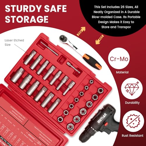 Image of 28Pcs Deep Bolt Extractor Set, with 3 /8 inch Drive, Ez Out Broken Bolt Remover Kit, Spark Plug Extractor Socket Set, Easy Out Stripped Lug Nut Removal Tool for Removing Rounded, Rusted Bolts, Nuts & Screw