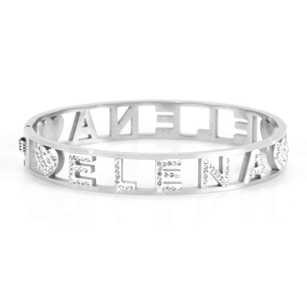 Flowers Bracciale Rigido Acciaio con Nome Vari e Zirconcini Sacchettino in tessuto Scritta nome ricoperta di strass Brillantissimi Bracciale a Manetta Donna Chiusura a molla Idea Regalo