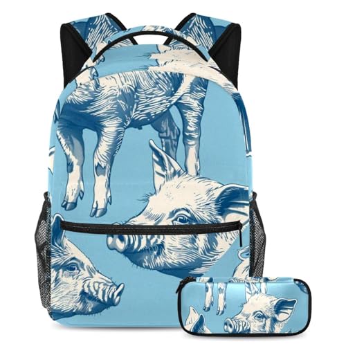 Lot de 2 cartables bleus à motif cochon avec grande capacité et trousse pour école et voyage