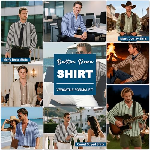 Lzzidou Men's Striped Button Down Shirt Cotton Blend Long Sleeve Collared Dress Shirts for Business Work Office Casual Date4