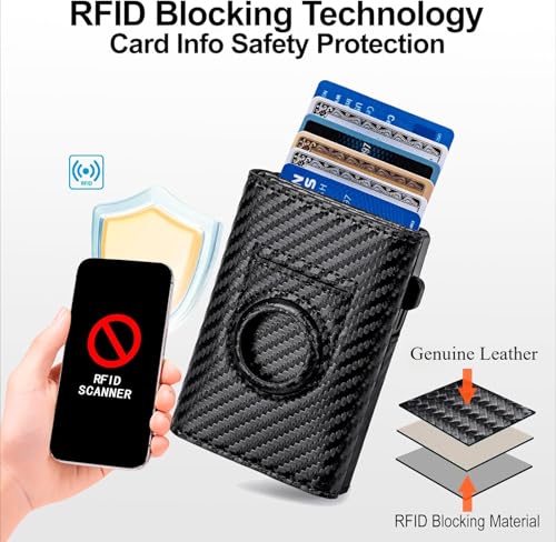 Men's RFID Blocking Smart Wallet Genuine Leather AirTag Compatible Pop-Up Card Case 9-14 Capacity with ID Window Brown (Carbon Fiber Black)4