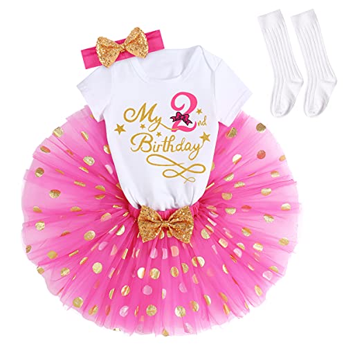 Newborn Infant Toddler It s My 1 2  1st  2nd 3rd Birthday 4 Piece Outfits for Baby Girl First Birthday Cake Smash Romper Bodysuit Mesh Tutu Skirt Headband Socks Formal Set Princess Hot Pink-2nd 2T