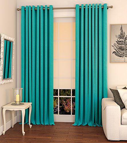 Curtain Label Polyester Set of 2 Matka Luxe Solid Eyelet - 4 Feet X 9 Feet, Blue & Turquoise