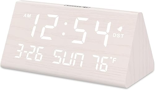 DreamSky Digital Alarm Clocks for Bedrooms - Wooden Electric Clock for Living Room Decor, USB Charging Ports, Date, Weekday, Temperature, Dimmer,