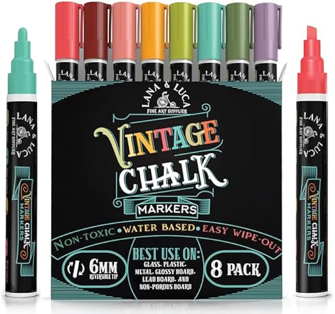 Liquid Chalk Markers - Wet Erase Marker Pens - for Chalkboards Signs, Windows, Blackboard, Glass - 6mm Reversible Tip (8 Pack) - Vintage Colors Multicolor