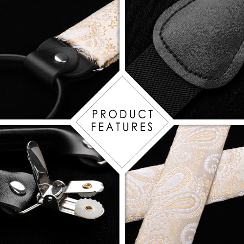 Image of HISDERN Suspenders for Men Paisley Floral Bow tie Suspender Pocket Square Sets Adjustable Y Shape 6 Clips Wedding Braces