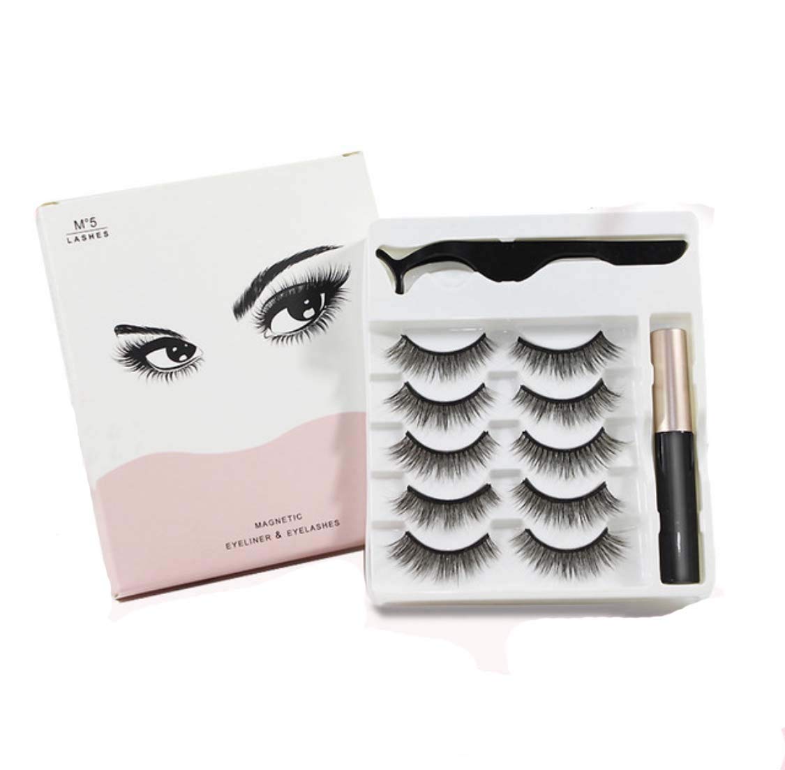 ABETTERU 5 Pairs of Magnetic Lashes with 1 Magnetic Liner, Reusable, Natural Look, 3D Magnetic Lashes, No Glue, Strong Hold