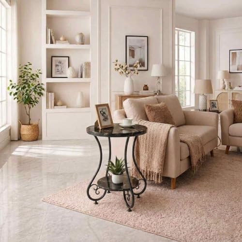 Image of CARTADEN 2 Tier End Table in Living Room, Industrial Style Round Bedside Table with Storage, Small Outdoor Coffee Table for Bedroom Balcony Patio Full Black
