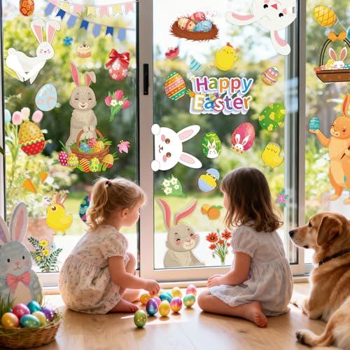 Image of Easter Window Clings Happy Easter Bunny Rabbit Egg Stickers for Glass Windows Kids Decals Spring Decor for Home Office School, 9 Sheets