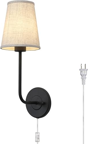 Pathson Lámpara de pared de tela enchufable, pantalla de tela de lino, lámpara de pared vintage de 1 luz para sala de estar y dormitorio