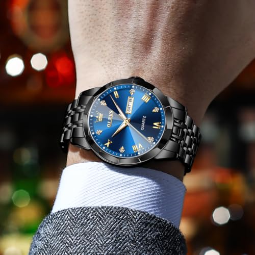 Image of OLEVS Watch for Men Diamond Business Dress Analog Quartz Stainless Steel Waterproof Luminous Date Two Tone Luxury Casual Wrist Watch Blue