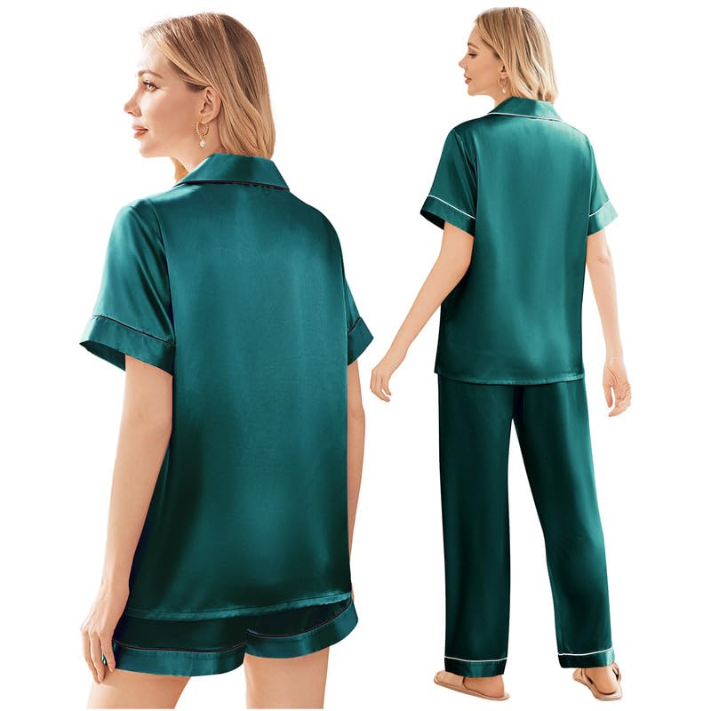 Image of Ekouaer Silk Pajamas for Women Set Satin Soft Short Sleeve Button Down Pjs | 3 Piece Loungewear,Comfy Sleepwear,Silky Smooth Fabric,Gift for wedding,Bridal Party,Coffee Time,Vacation