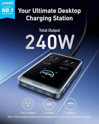 Image of Anker Prime Charging Station, 240W 8-in-1 USB C Power Strip, 5 ft Detachable Extension Cord, 2 AC, 4 USB C, 2 USB A, for iPhone 15 /14, Desktop Accessory for MacBook, Home, Office (Not for Travel)