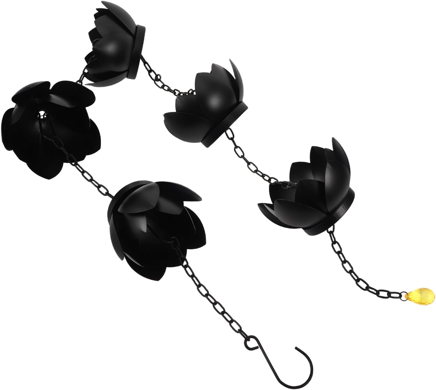 Metal Lotus Rain Chain Set for Outdoor Drainage, 1.2m Decorative Gutter Rain Chain for Garden Patio, Rustic Black Rainwater Guide with Hanging Design