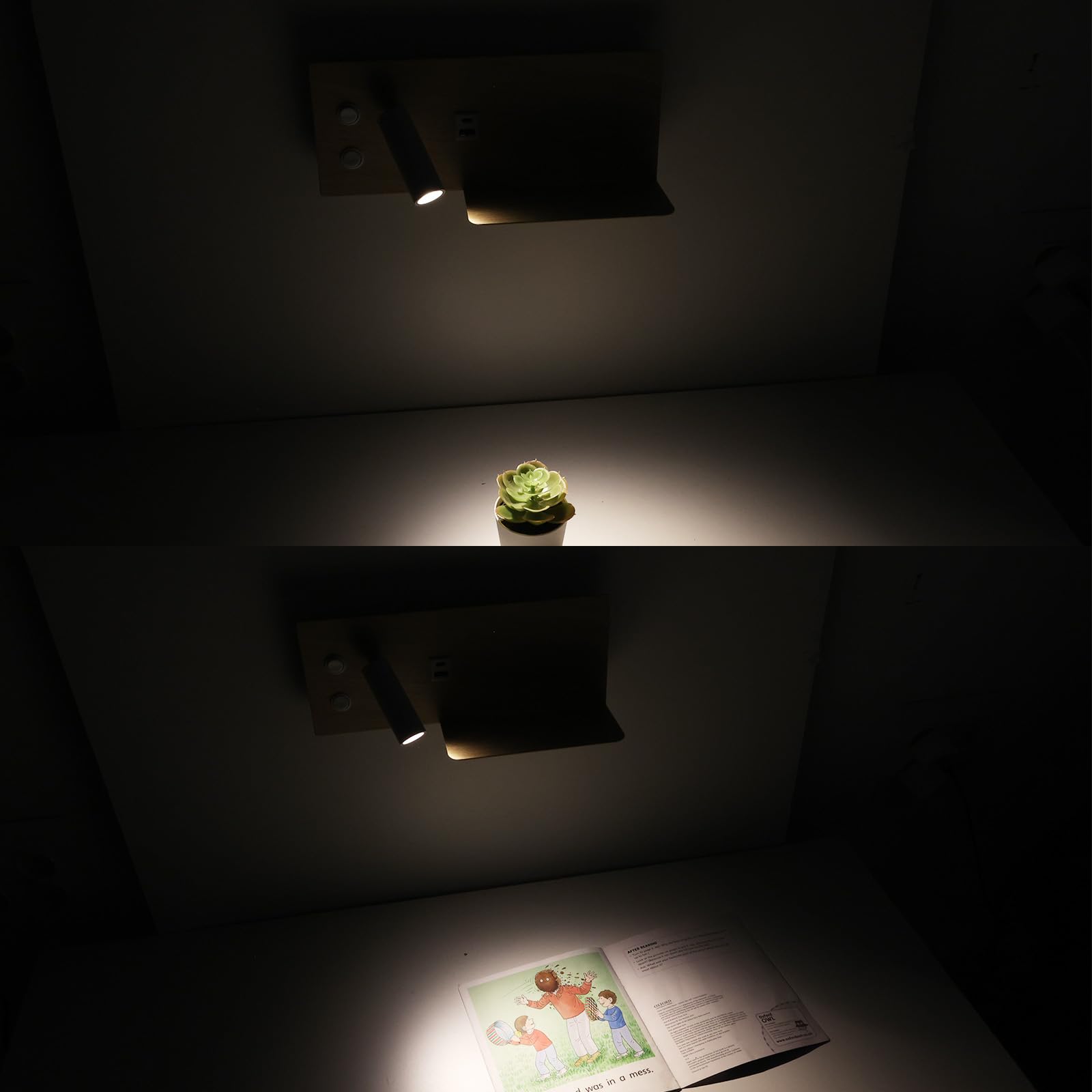 Alpinaluz Aplique LED de Pared con Luz de Lectura Orientable y Ambiental 2700K, Interruptor Dual, Doble Puerto de Carga USB, Repisa, Metal con Efecto Madera Beige Claro, Foco