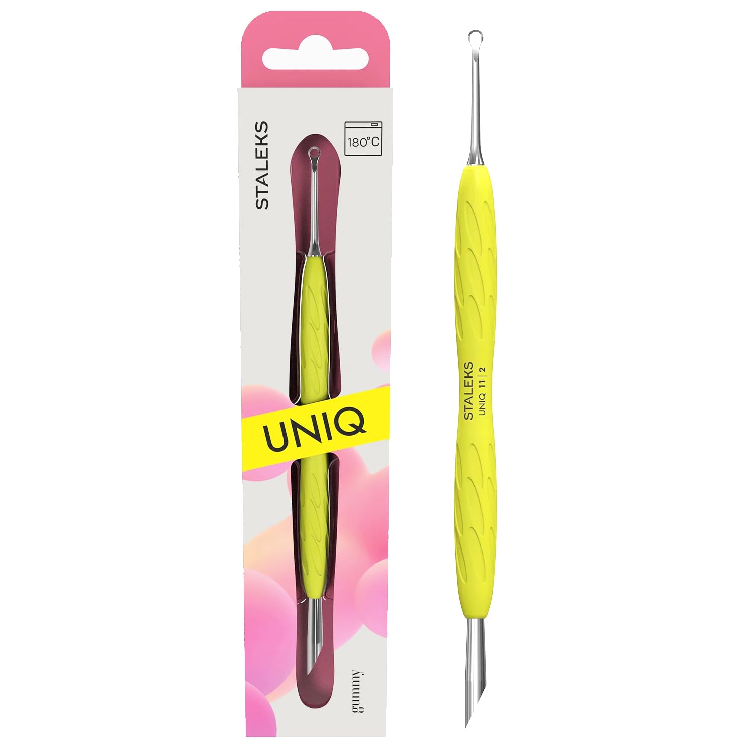 Staleks UNIQ PQ-11/2Y Spinta cuticole doppio professionale manico in silicone giallo – strumento manicure pedicure acciaio inossidabile sterilizzabile (anello + spinta obliqua)