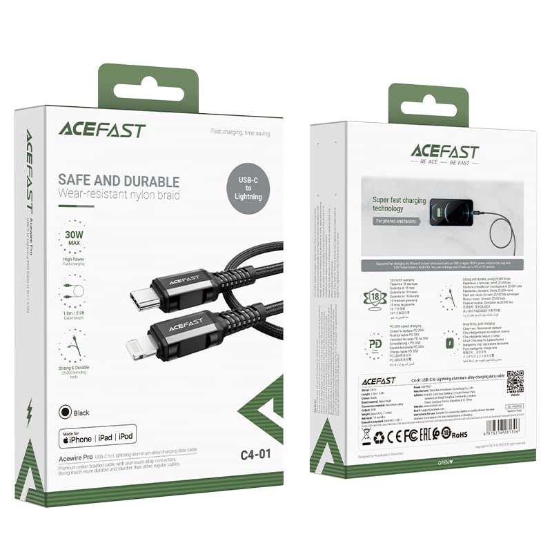 Acefast C4-01 - Cavo da USB-C a Lightning, certificato MFI, ricarica rapida e trasmissione dati (PD 30W - 3A - 1,8M), lega di alluminio, compatibile con iPhone 13/12/11, iPad, Airpods - Nero