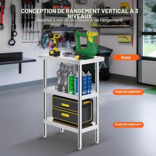 VEVOR Table de Travail en Acier Inoxydable 35,6 x 61 x 86,4 cm, Table de Préparation des Aliments avec 2 Étagères Inférieures Réglables, Meuble de Rangement pour Cuisine Restaurant Garage Maison – vue 6