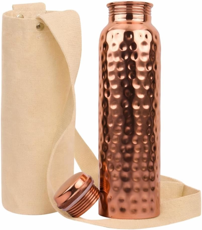 Pure Copper Water Bottle 34 oz (1 Liter), Hammered Ayurvedic Copper Bottle with Leakproof Lid & Protective Carrying Sleeve Strap for Yoga, Travel & Daily Hydration