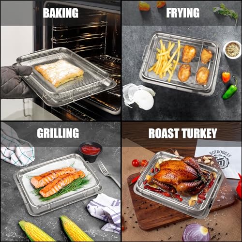 SLLFLY Air Fryer Basket for Oven with 50pcs Parchment Paper, 15.4\" × 11.5\" Large Size Stainless Steel air fryer basket for oven, Deluxe Grilling/Baking/Cookie Sheet 2 Piece Set
