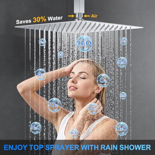 Image of Shower Faucet Set, 12 inch Ceiling Mount Rainfall Shower System with 2 Rain Shower Head and Multi-function Handheld Head Push Button Diverter Shower Faucet Trim Kit (12 inch, Polished Chrome)