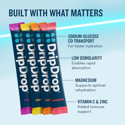 Image of DripDrop Hydration Packets - Bold Variety Pack - Single Serve Electrolytes Powder Drink Mix - Watermelon, Berry, Lemon, Orange - Non-GMO, Gluten Free - 16OZ Serving Size - 80 Sticks - Value Pack