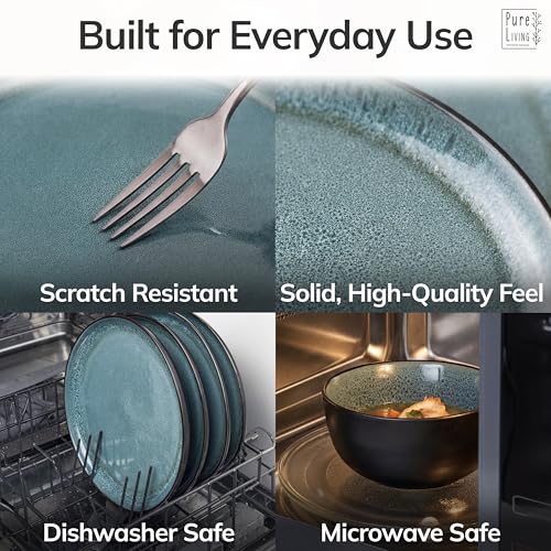Image of Stoneware Dinnerware Set for 4, 12 Piece Plates and Bowls Set - Handmade Reactive Glaze, Chip & Scratch Resistant Sets - Dishwasher Microwave Safe, Modern Kitchen Dinner Service in Dark Petrol Blue